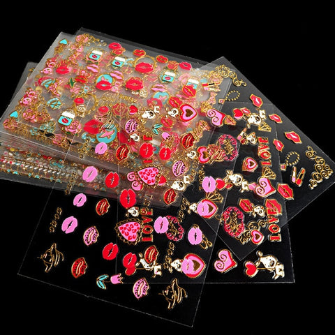 30PC 3D Bronzing Nail Sticker Flower Love Fruit Cake Red Lips Valentine's Day Style DIY Nail Art Applique Decoration Accessories