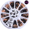 Brone Black Mix Halloween Shape Pumpkin Face Witch Spider Net Black Cat Bat Metallic Nail Art Sequins Decals  Gem DIY Wheel