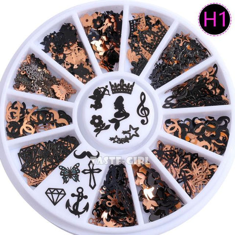 Brone Black Mix Halloween Shape Pumpkin Face Witch Spider Net Black Cat Bat Metallic Nail Art Sequins Decals  Gem DIY Wheel
