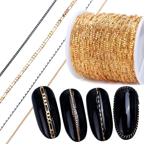 1m Nail Art Alloy Metal Chains Gold 3D Charms Decoration Studs Spangles Punk Snake Bone Strass Manicure Jewelry Accessory