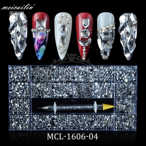 400Pcs/Box 20 Shape Glass Crystals Stones Decorations AB Flat Back 3D Mixed Nail Art Rhinestone Set With A Pen
