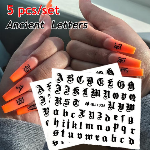 Letter 3D Decals Nail Art Stickers English Old Font Black Number Tattoo Nails Design Water Sliders DIY Manicure Decoration