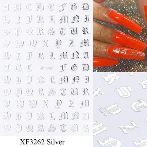 Letter 3D Decals Nail Art Stickers English Old Font Black Number Tattoo Nails Design Water Sliders DIY Manicure Decoration