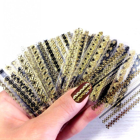 24sheets/lot 3D Nail Art Sticker Decals Manicure Black Gold Bar Love Heart Glitter Decorations Nails Accessories