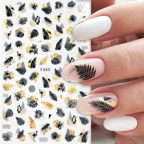 Black Laser Gold Autumn Leaf 3D Nail Sticker Coconut Tree Leaf Pattern Adhesive Transfer Sticker Shiny DIY Nail Decoration
