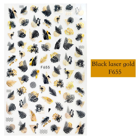 Black Laser Gold Autumn Leaf 3D Nail Sticker Coconut Tree Leaf Pattern Adhesive Transfer Sticker Shiny DIY Nail Decoration