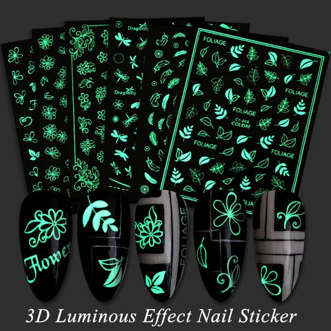 Luminous Effect 3D Leaf Flower Design Hallowee Nail Art Shinning Glitter Nail Art Sticker Decoration Manicures Tips Tool  Summer