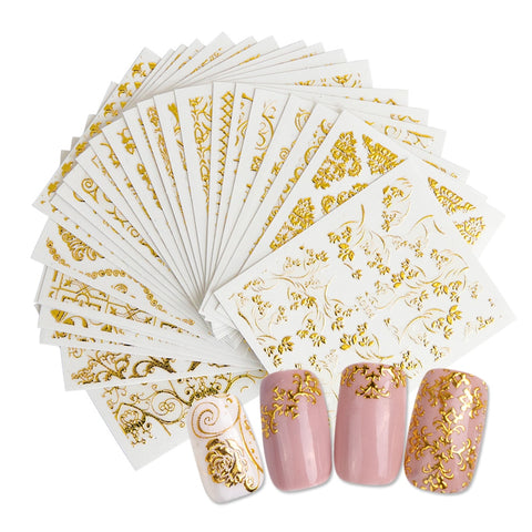 20 Sheets Gold 3d Nail Art Stickers Hollow Decals Mixed Designs Adhesive Flower Nail Tips Decorations Salon Accessory