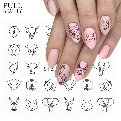 Black Animal Geometry Nail Water Decals Deer Fox Pig  Slider Sticker Nail Designs DIY Polish Manicure Accessory