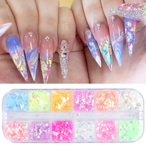 3D Fluorescent Nail Glitter Flakes Set Holographic Powder Sequins Paillette Manicure Nail Art Pigment Decoration Tools