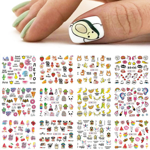 12pcs Avocado Nail Stickers Cute Cartoon Transfer Sliders For Nails Dog Cat Water Decals Anime Tatto For Manicure