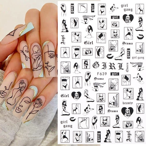 Sexy Lady Shaped 3D Nail Stickers Character Face Image Leaves Flower Decals Slider Black White DIY Nail Art Decorarion