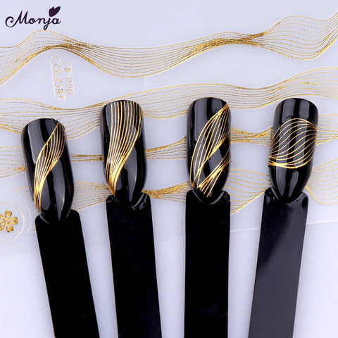 Monja Nail Art Sticker Laser Gold Metal Stripe Wave Line Tape Self-Adhesive Transfer Foils 3D DIY Decal Manicure Tips Decoration