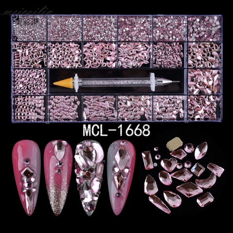 9300Pcs/Box Multi-Size Green Crystal Nail Rhinestones Glass Drill Pen Mix 14 Shape 3D Manicure Art Decoration Accessories