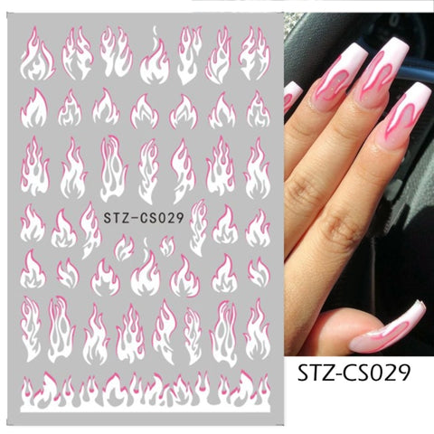 Fire Flame Nail Art Stickers 3D Pink Black Design Adhesive Slider Foils Blue DIY Wraps Summer Decoration Decals
