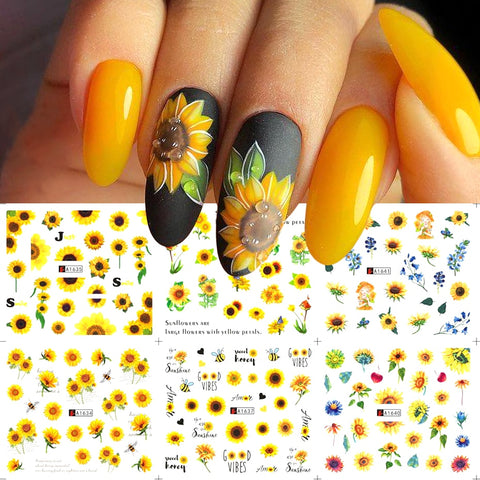 Nails Sunflower Stickers Nail Art Water Decals Butterfy Spring Floral Manicure Decoration Wraps