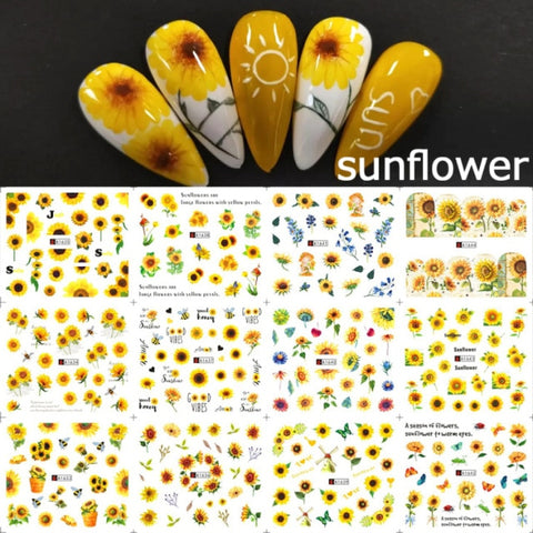 Nails Sunflower Stickers Nail Art Water Decals Butterfy Spring Floral Manicure Decoration Wraps