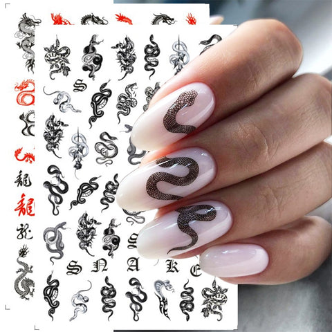 3D Dragon Snake Design Nail Stickers Women Love Nail Art Tattoo Slider Gel Polish Decal Temporary Tattoo Decorations
