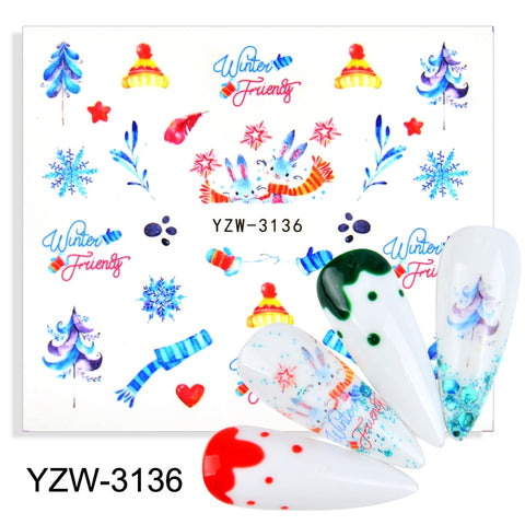 Watermark Cartoon Christmas Nail Adhesive Stickers Santas Snowman Tree Winter Xmas Nail Art Manicure Decoration Tip