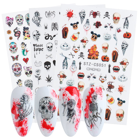 Halloween 3D Stickers Nail Decals Skull Joker Monster Nail Art Designs Adhesive Wraps Foil Decor Manicure Sliders