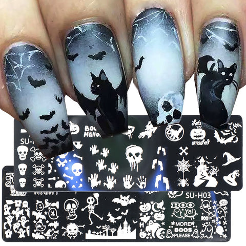 Skull Nail Art Stamping Plate Spider Web Pumpkin Image Printing Template Halloween Nail Designs Stencil Stamp Tools