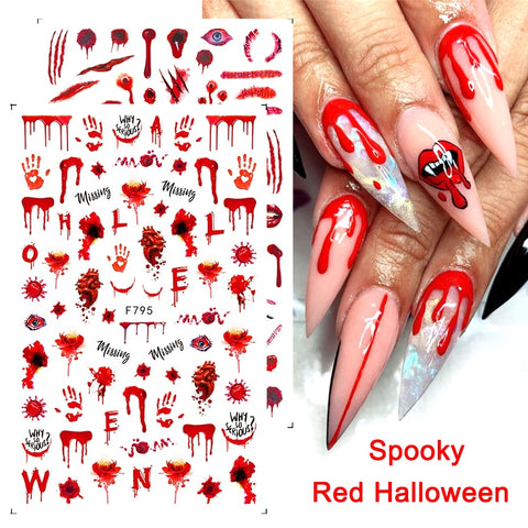 Red Halloween 3D Nail Sliders Scary Bloody Hand Lips Nail Art Design DIY Gel Stickers Decal Autumn Manicure Decoration