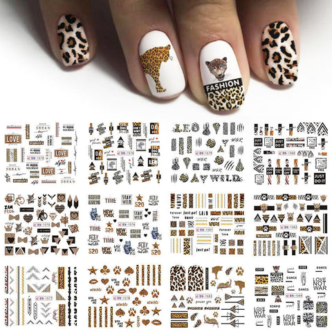 12pcs Nail Art Accessories Watermark Stickers Leopard Print Flowers English Letters Decoration Set Sexy Decals Sliders For Nails