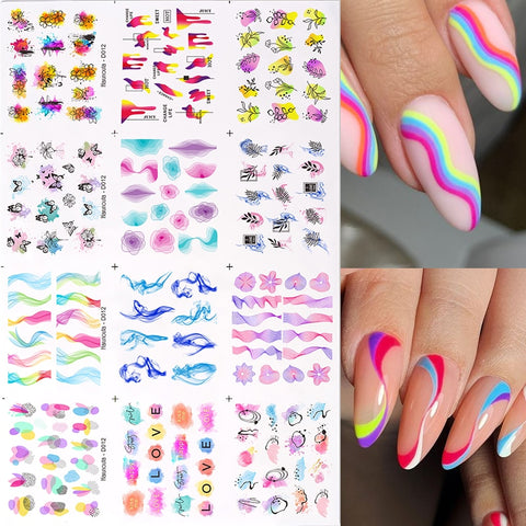 Harunouta Color Wave Line Flower Water Nail Stickers Snake Image Sketch Abstract Sexy Girl Nail Art Decor Sliders Manicures For