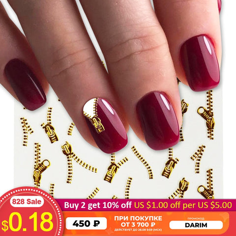 1sheets Gold Zipper 3d Designs Nail Art Stickers Decals Manicure Decor Tools DIY Nail Art Tips Fashion Accessories