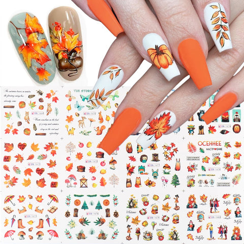 12pcs Fall Gold Leaves Nail Stickers Sliders for Manicure Maple Leaf Nail Art Water Decals Foil Autumn Decorations