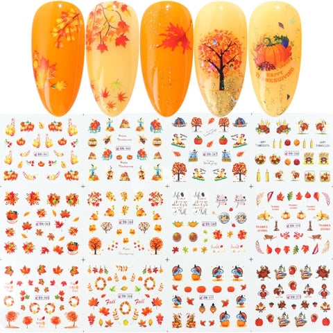 12pcs Fall Gold Leaves Nail Stickers Sliders for Manicure Maple Leaf Nail Art Water Decals Foil Autumn Decorations