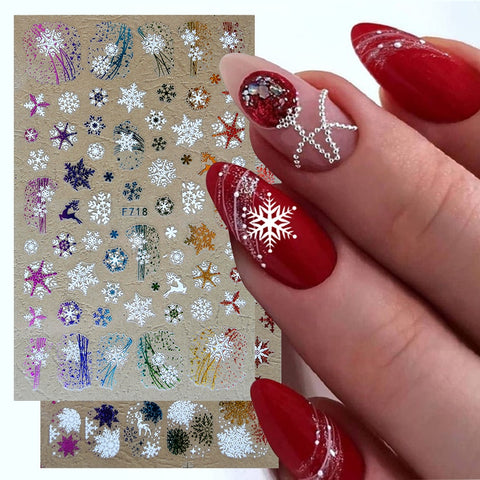 Holographic Snowflake Stickers Nail Decals Slider 3D Reflective Glitter Winter Elk Leaf Colorful Christmas Manicure Decor