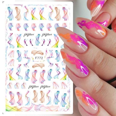 3D Watercolor Wave Line Nail Art Manicure Decals Blue Leaf Abtract Face Nail Sticker Maple Sliders DIY Decoration Wraps