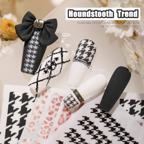 1 Sheet Houndstooth Trend Nail Art 3D Stickers Black Nail Decals for Nails Pink Manicure Leopard Design DIY 3D Accessories