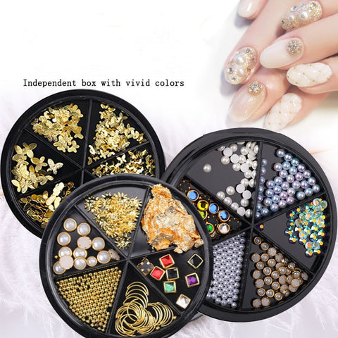 6 Girds/Box 3D Nail Art Rhinestones Mixed Rivet Pearl Stud Bead Shell Tips UV Gel Nails Art Decorations Accessories Tool