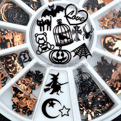 Brone Black Mix Halloween Shape Pumpkin Face Witch Spider Net Black Cat Bat Metallic Nail Art Sequins Decals  Gem DIY Wheel